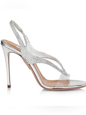 Aquazzura Izzy Metallic Strass Silver Slingback Cocktail Sandals Size 39
